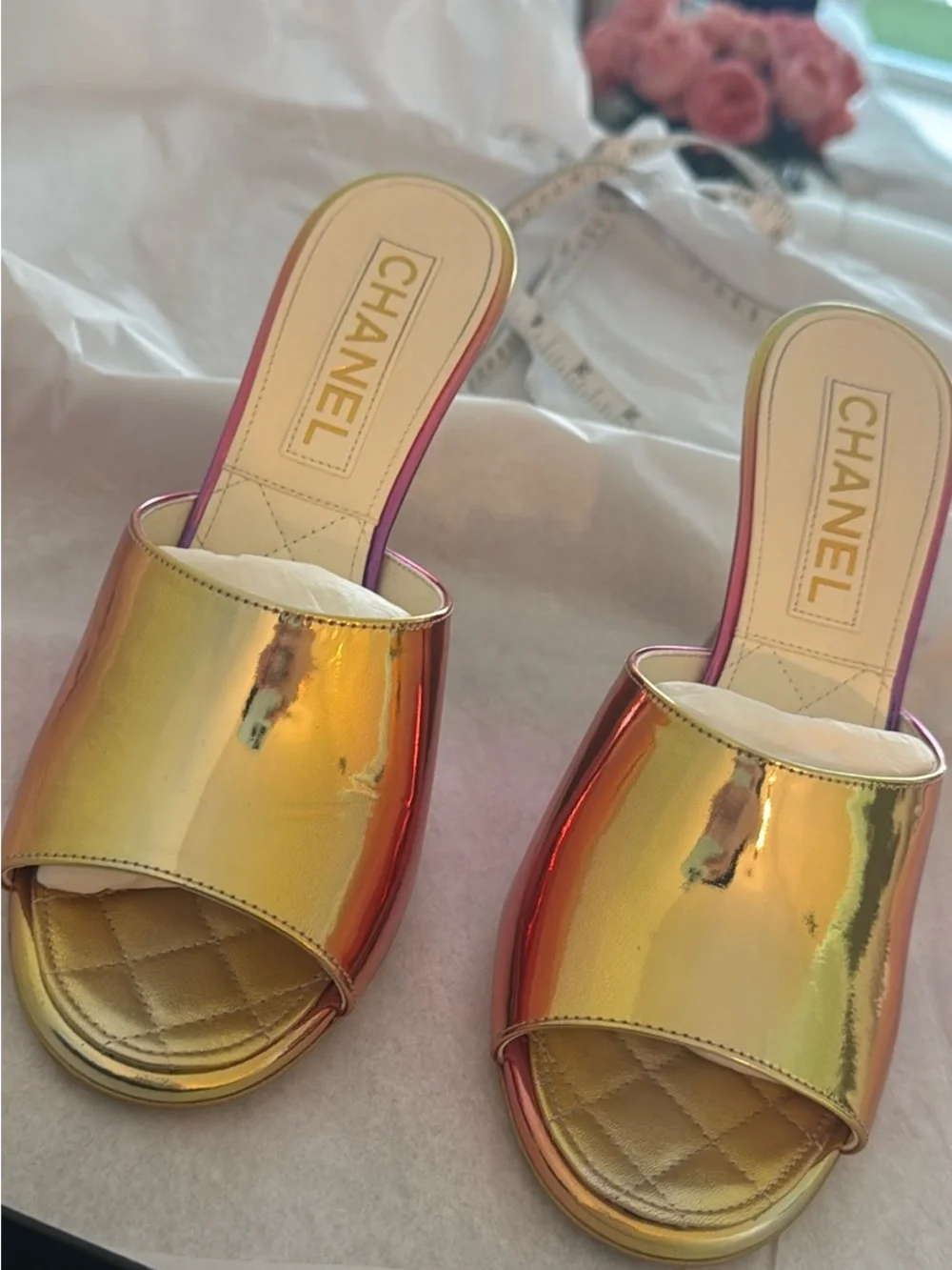 CHANEL Laminated Calfskin Wedge Mules 37.5 Pink Orange Yellow Multicolor CC logo